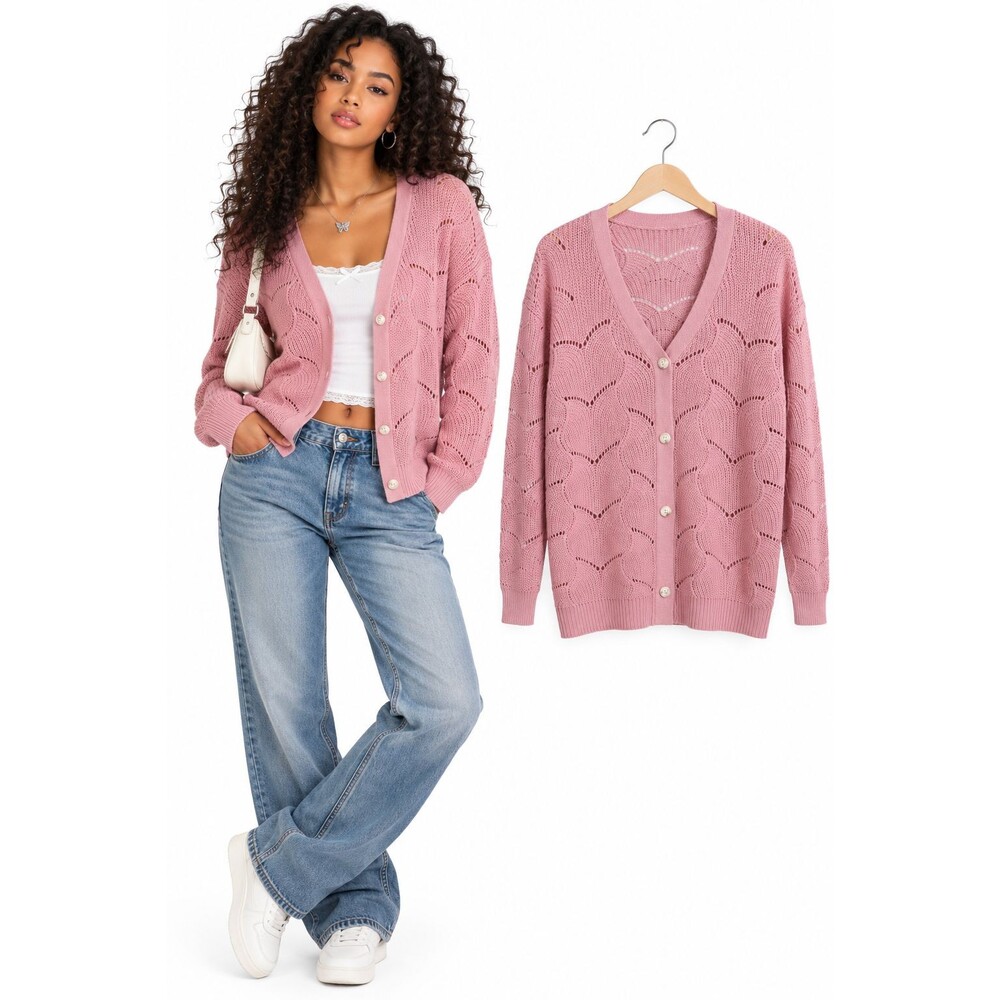 New YesFashion Women's Crochet Cardigan Size Medium Pink Long Sleeve Kintted